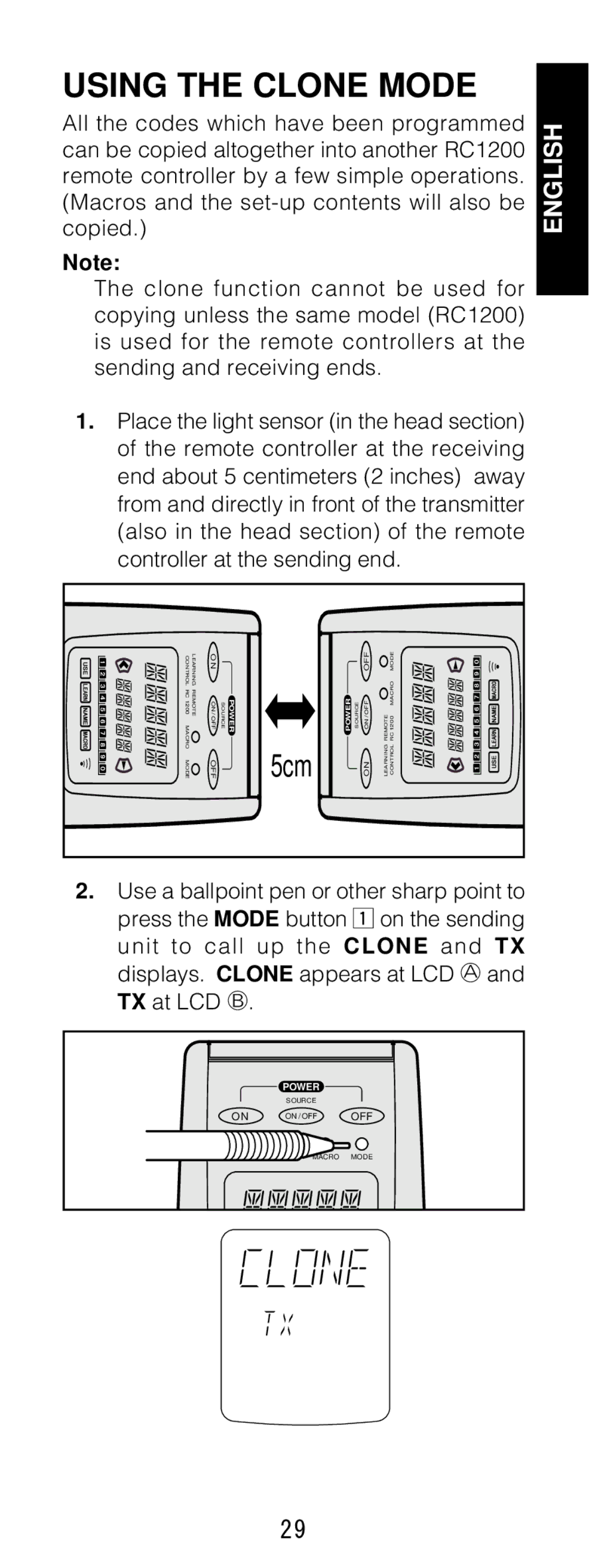 Marantz RC1200 manual Using the Clone Mode, 5cm 