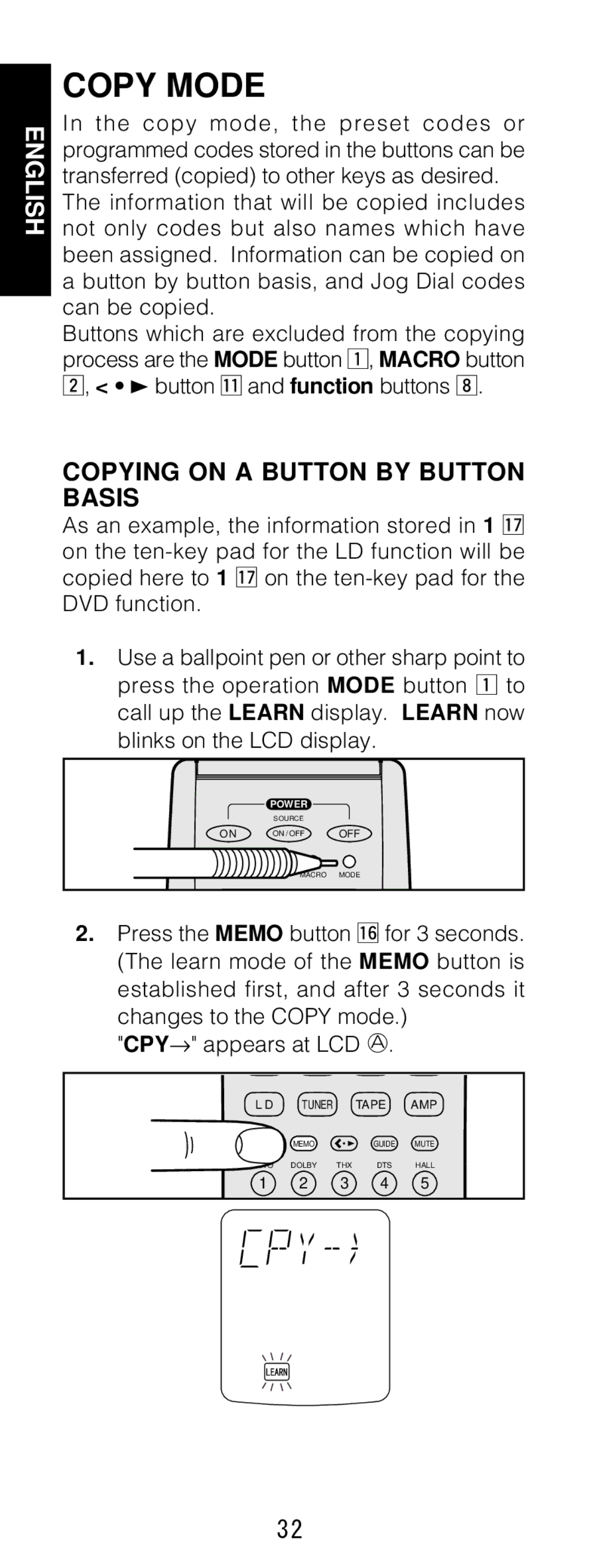 Marantz RC1200 manual Copy Mode, Copying on a Button by Button Basis 