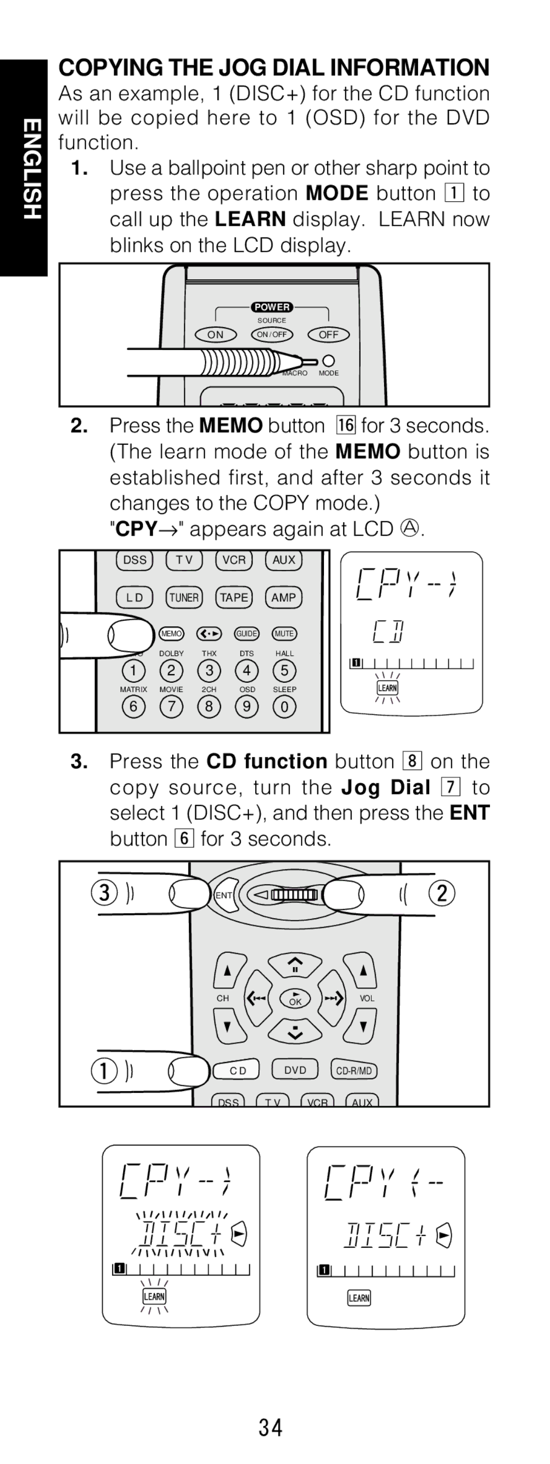 Marantz RC1200 manual Copying the JOG Dial Information 