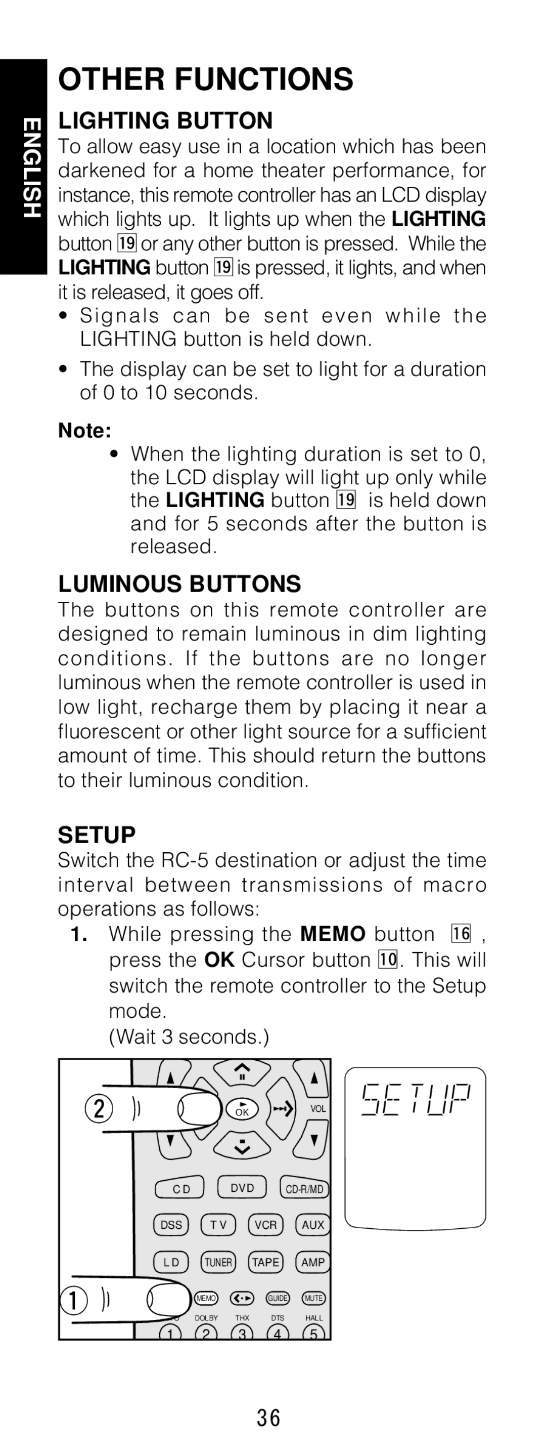 Marantz RC1200 manual Other Functions, Lighting Button, Luminous Buttons, Setup 