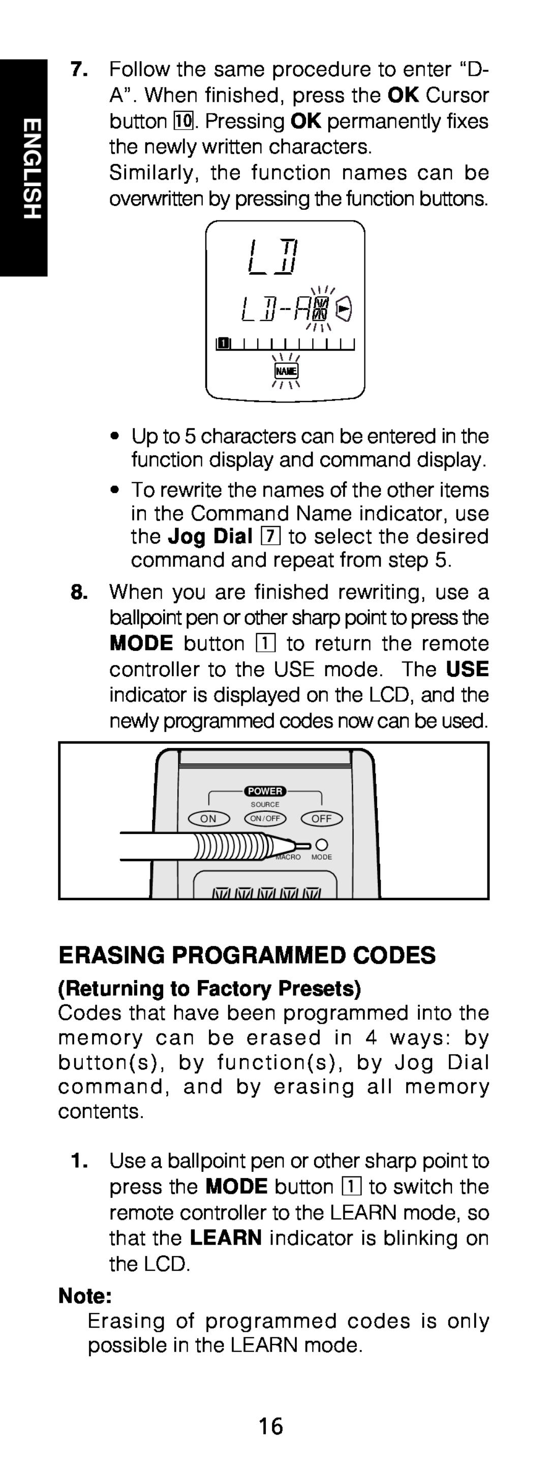 Marantz RC1200 manual Erasing Programmed Codes, Returning to Factory Presets, English 