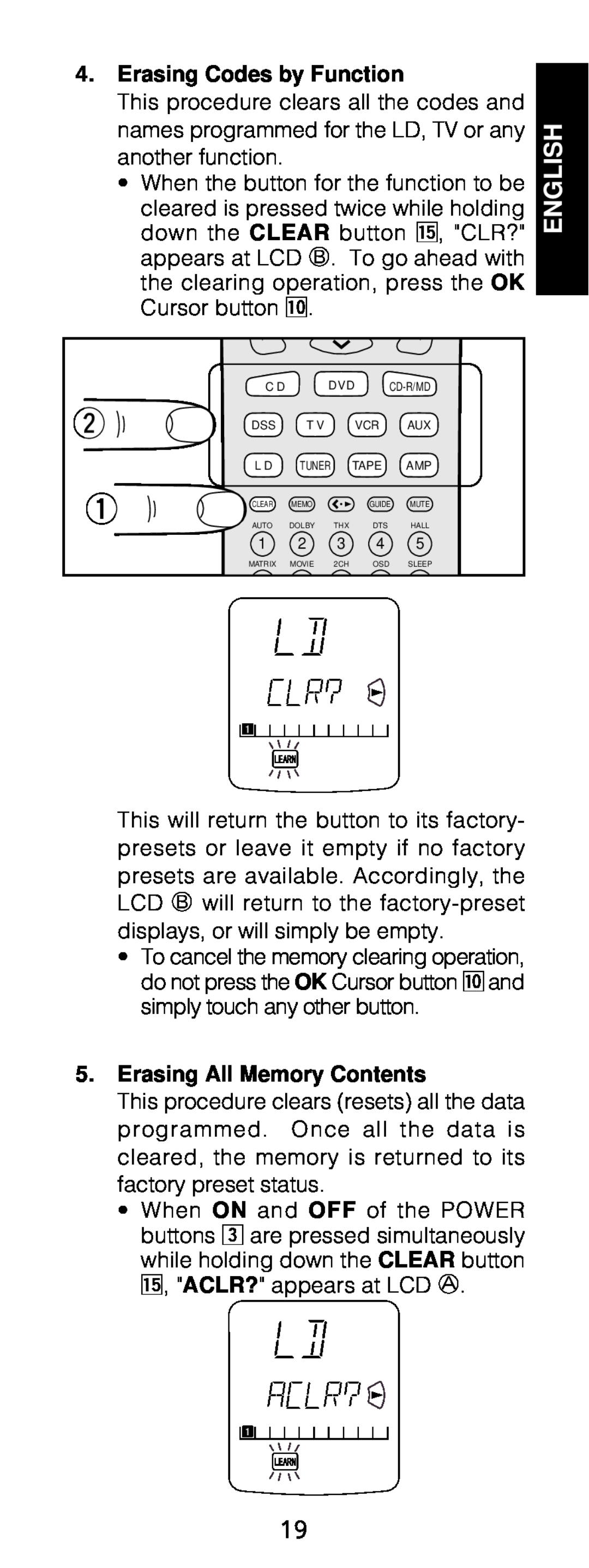 Marantz RC1200 manual Erasing Codes by Function, Erasing All Memory Contents, English 