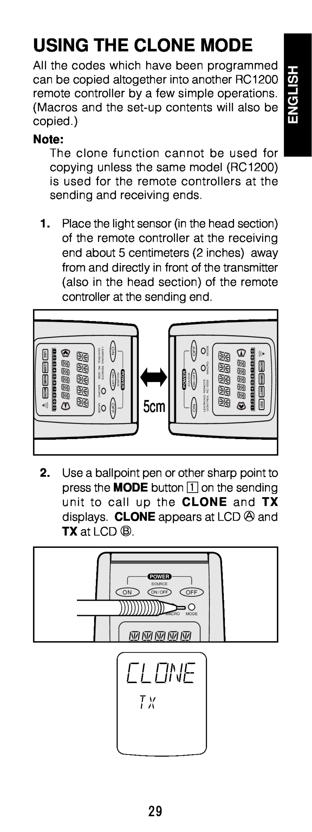 Marantz RC1200 manual Using The Clone Mode, English 