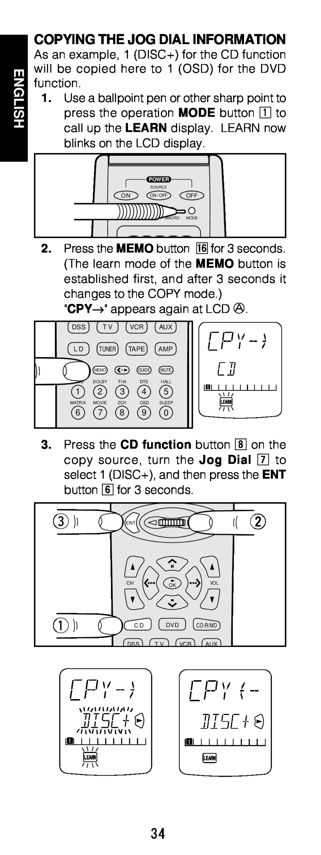 Marantz RC1200 manual Copying The Jog Dial Information, English 
