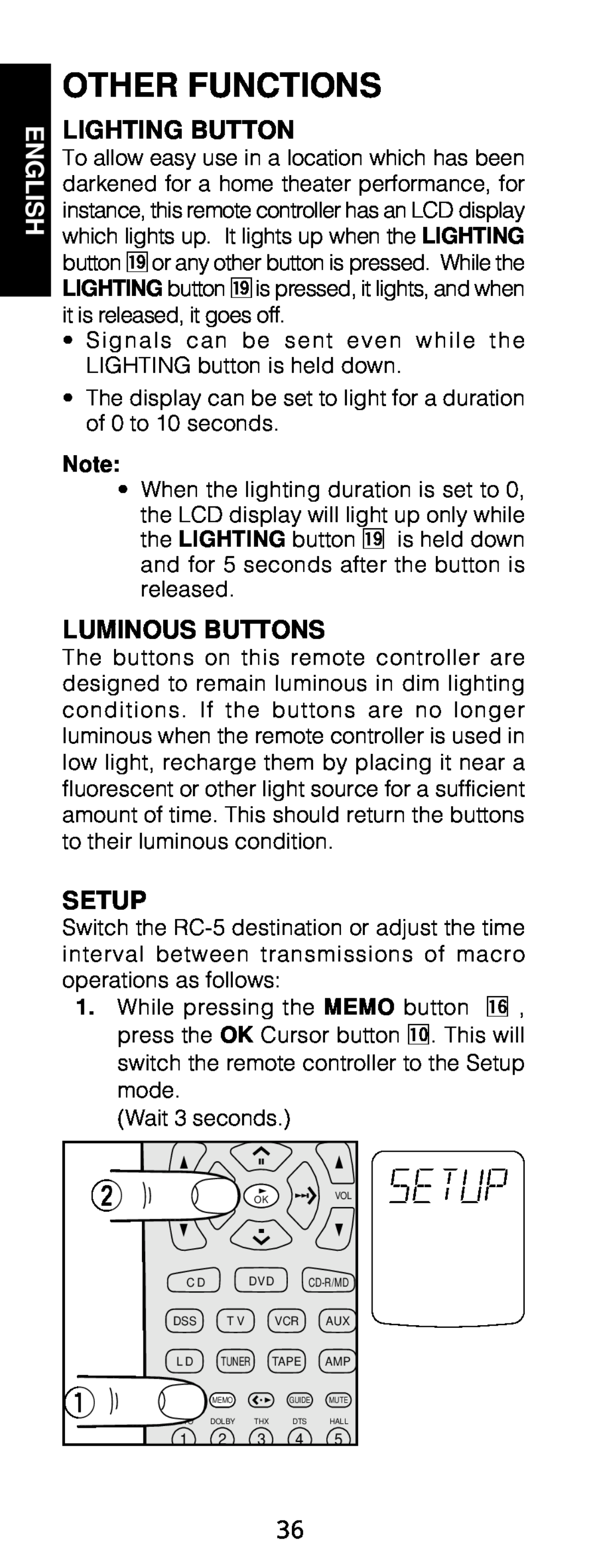 Marantz RC1200 manual Other Functions, Lighting Button, Luminous Buttons, Setup, English 