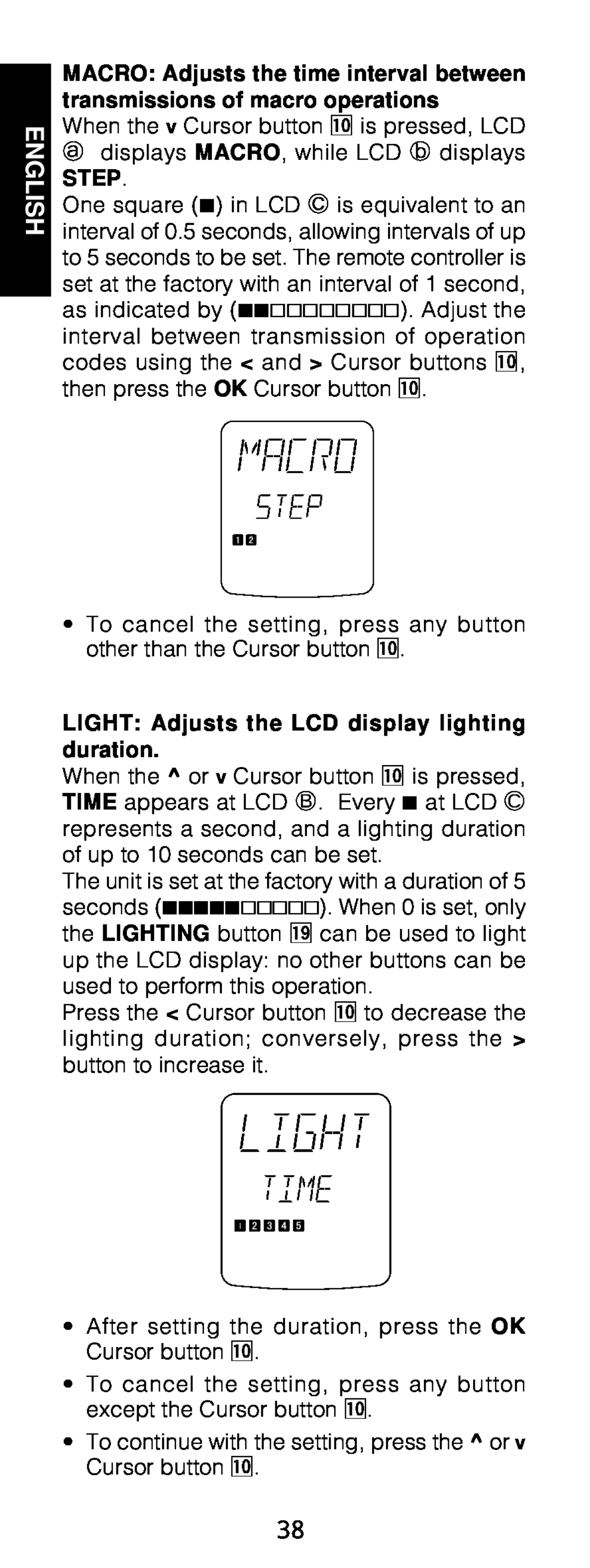 Marantz RC1200 manual Step, LIGHT Adjusts the LCD display lighting duration, English 