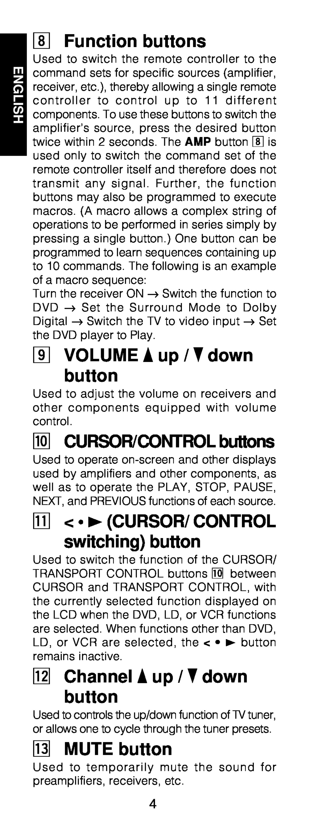 Marantz RC1200 Function buttons, VOLUME up / down button, ⁄0CURSOR/CONTROL buttons, ⁄1 3 CURSOR/ CONTROL switching button 