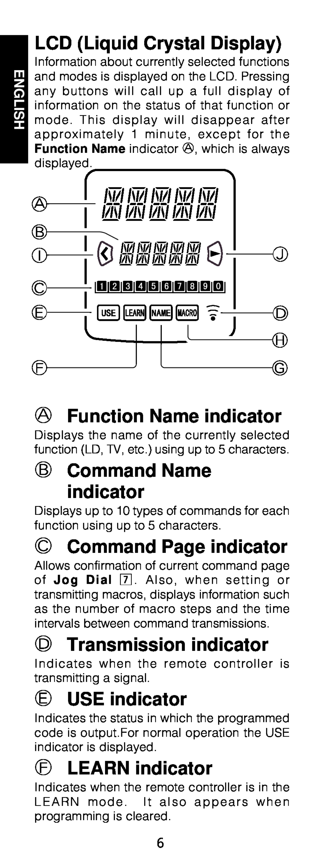Marantz RC1200 LCD Liquid Crystal Display, A Function Name indicator, B Command Name indicator, C Command Page indicator 