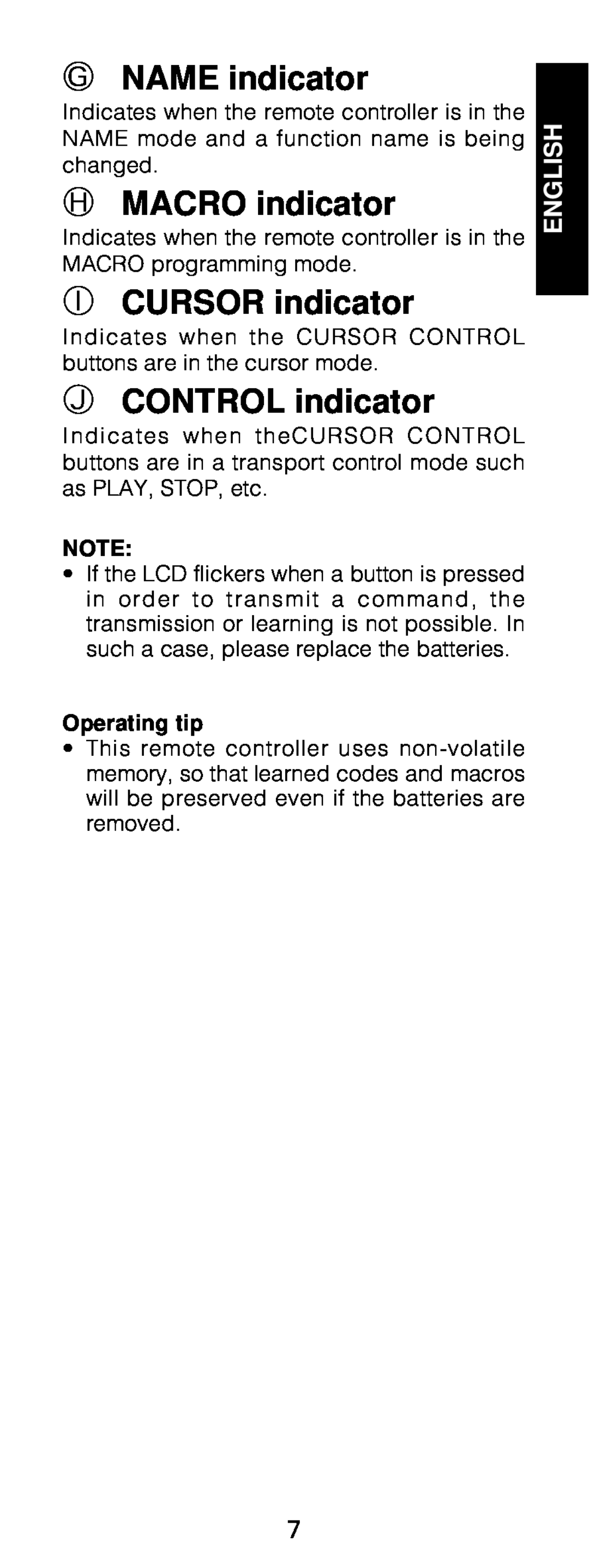 Marantz RC1200 manual G NAME indicator, H MACRO indicator, I CURSOR indicator, J CONTROL indicator, Operating tip, English 