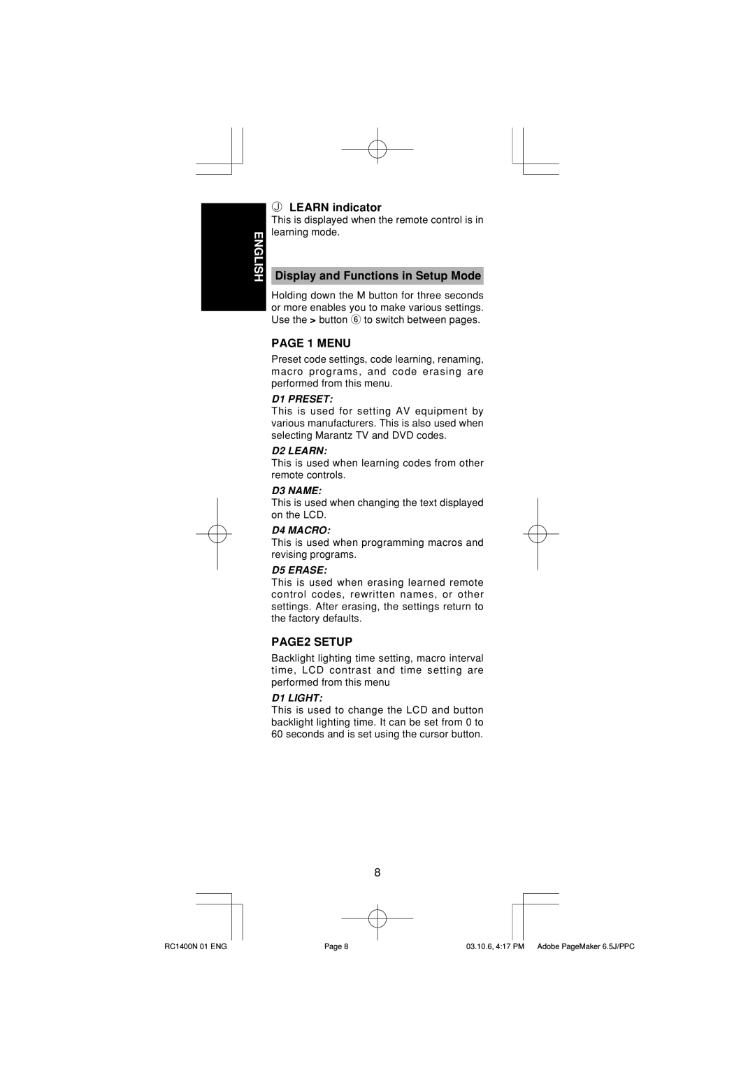 Marantz RC1400 manual Learn indicator, Display and Functions in Setup Mode 