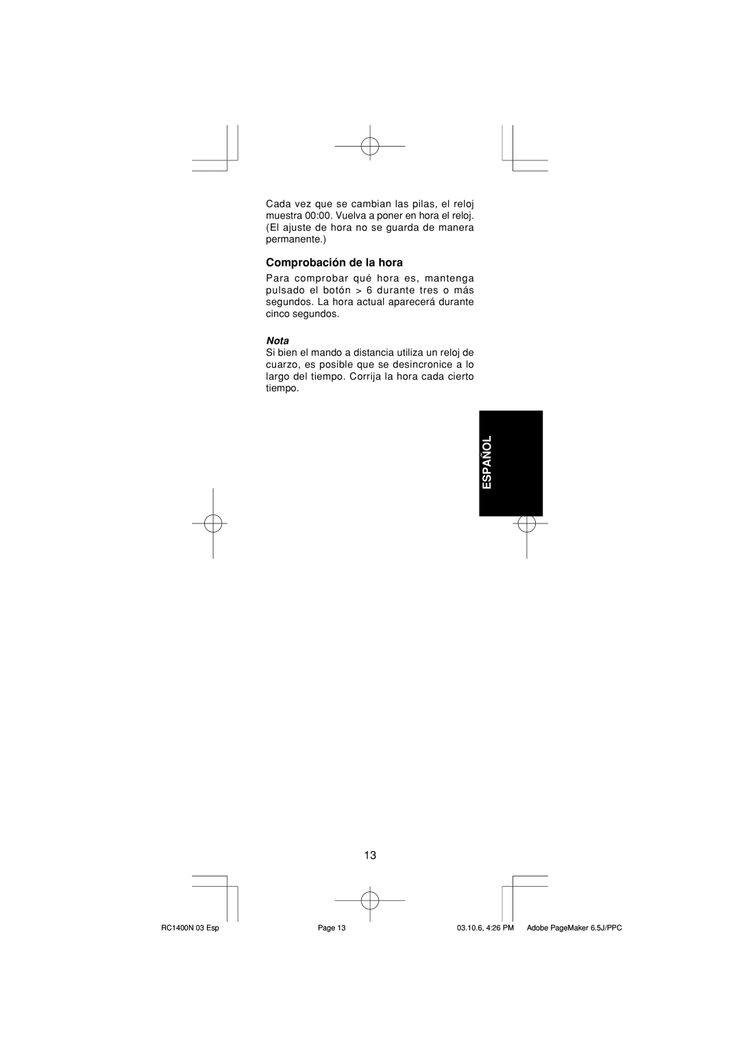 Marantz RC1400 manual Comprobación de la hora, Nota 