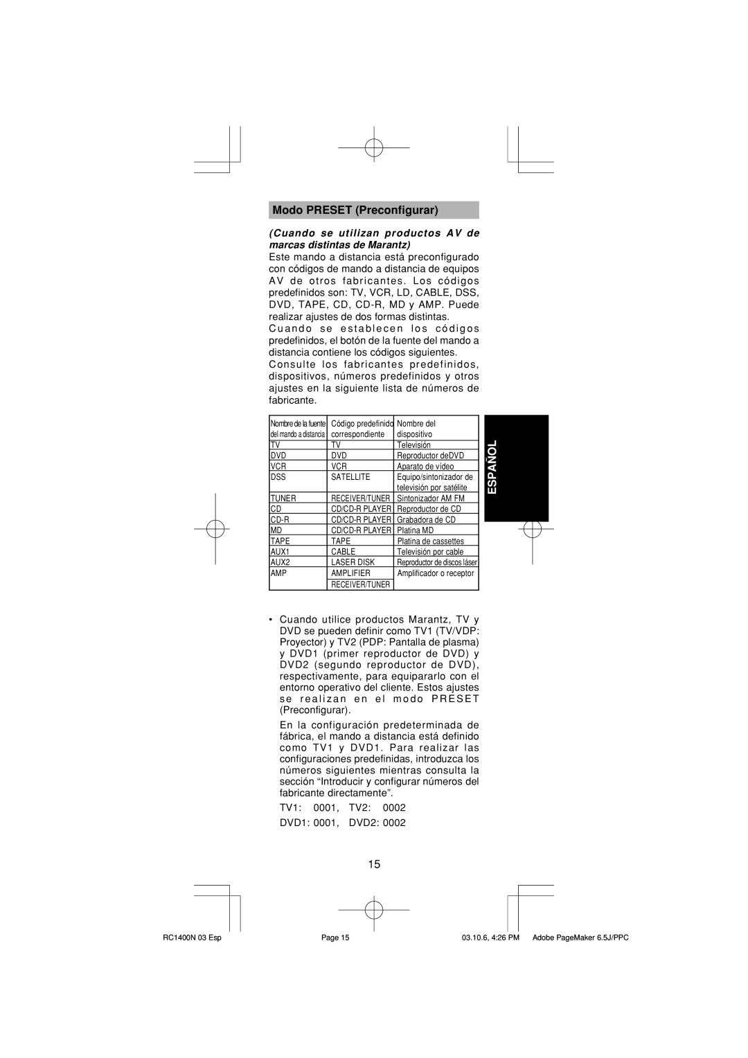 Marantz RC1400 manual Modo Preset Preconfigurar 