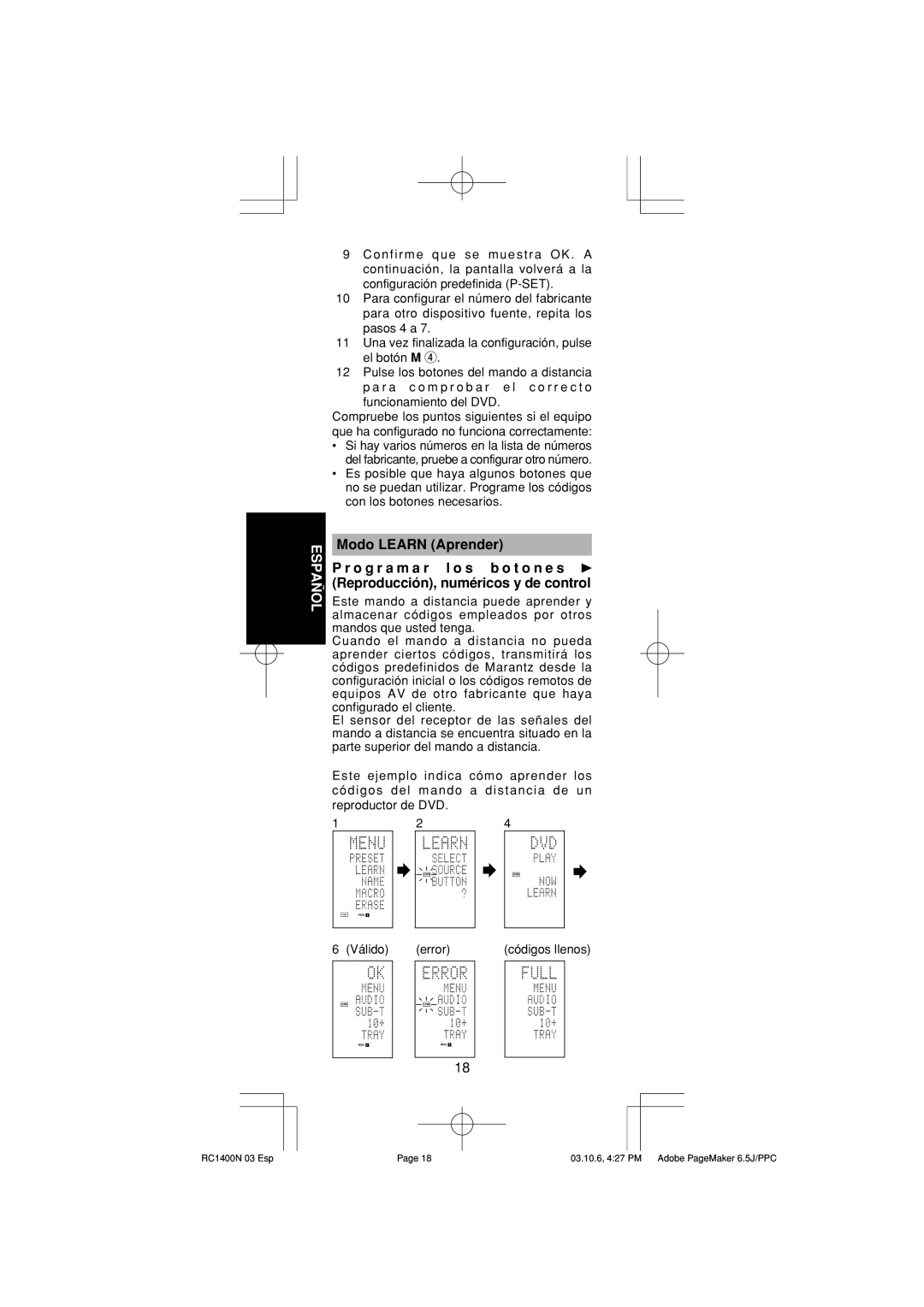 Marantz RC1400 manual Válido Error 