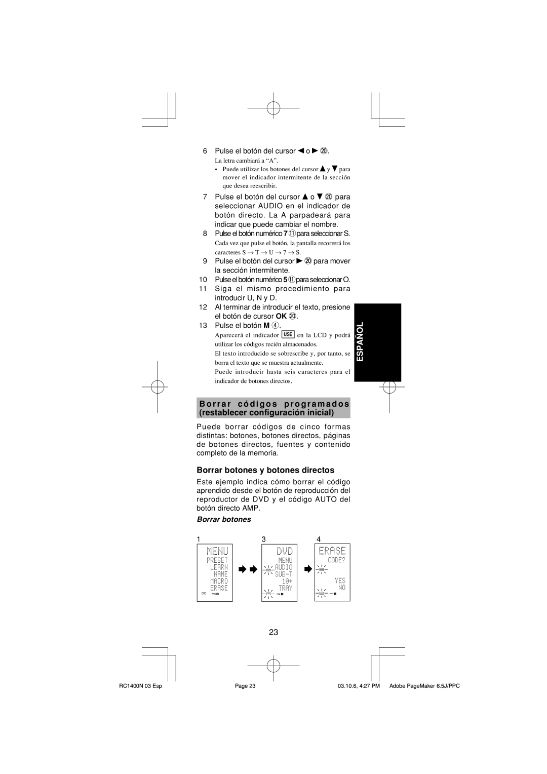 Marantz RC1400 manual Borrar botones y botones directos, Pulse el botón del cursor o @0 