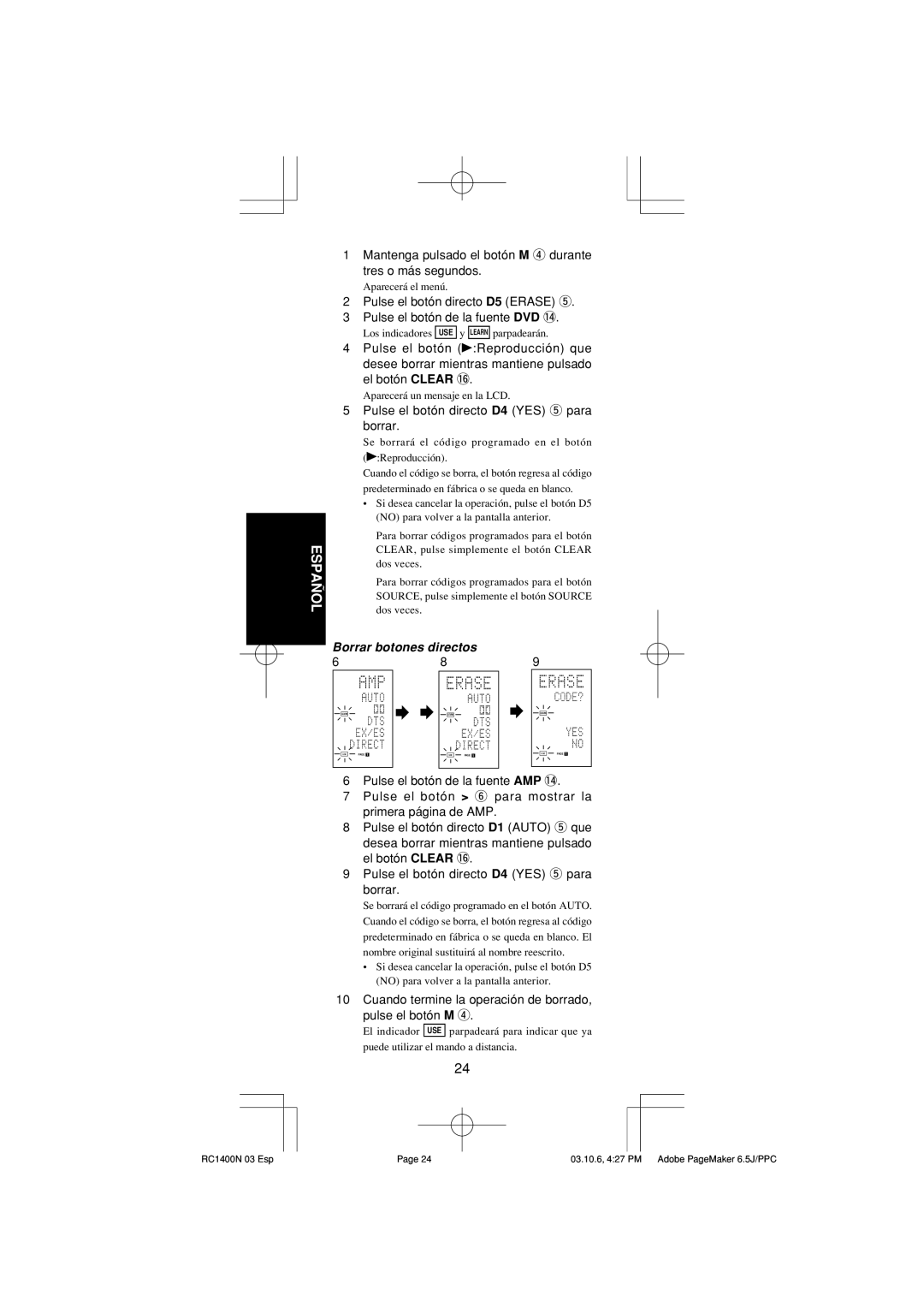 Marantz RC1400 manual Pulse el botón directo D4 YES t para borrar, Borrar botones directos 