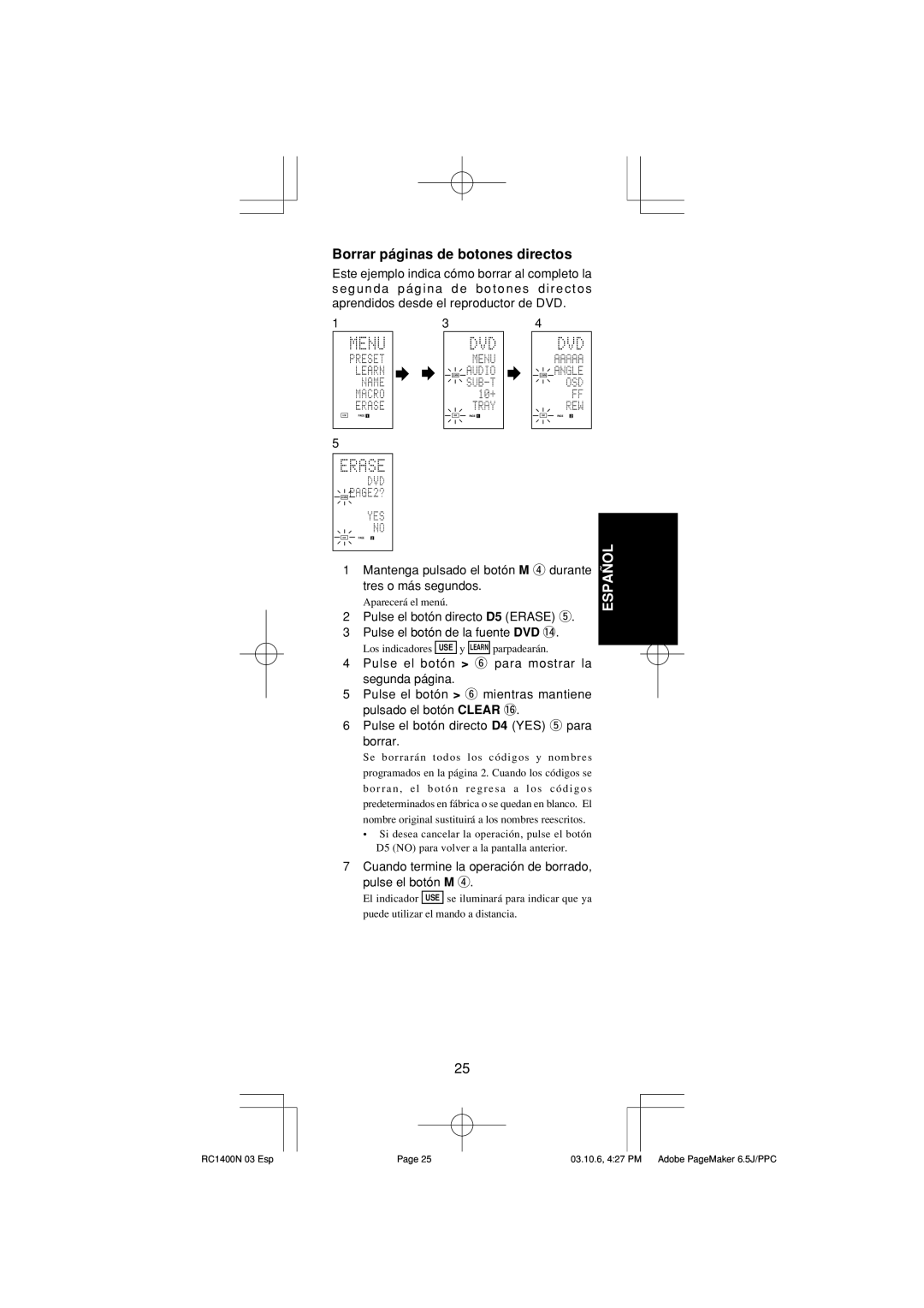 Marantz RC1400 manual Borrar páginas de botones directos 