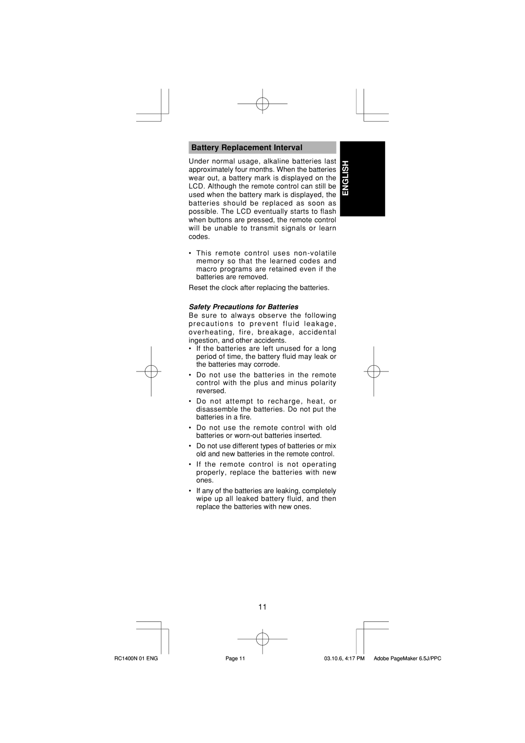 Marantz RC1400 manual Battery Replacement Interval, Safety Precautions for Batteries 