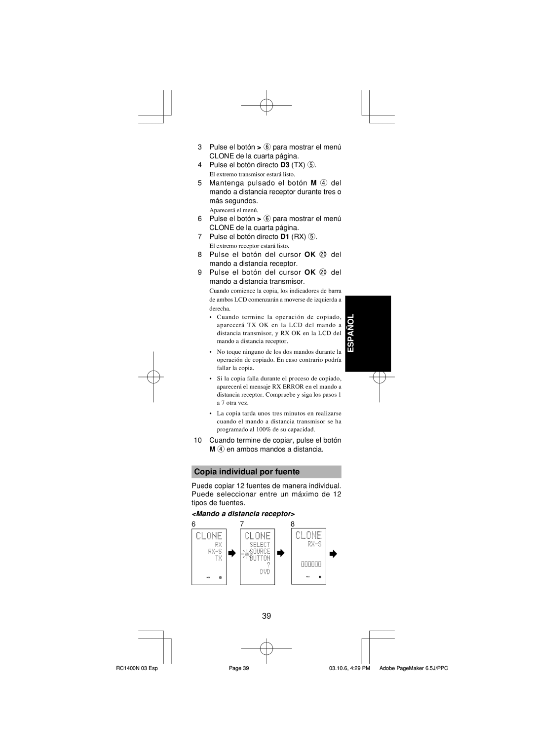 Marantz RC1400 manual Copia individual por fuente, Mando a distancia receptor 