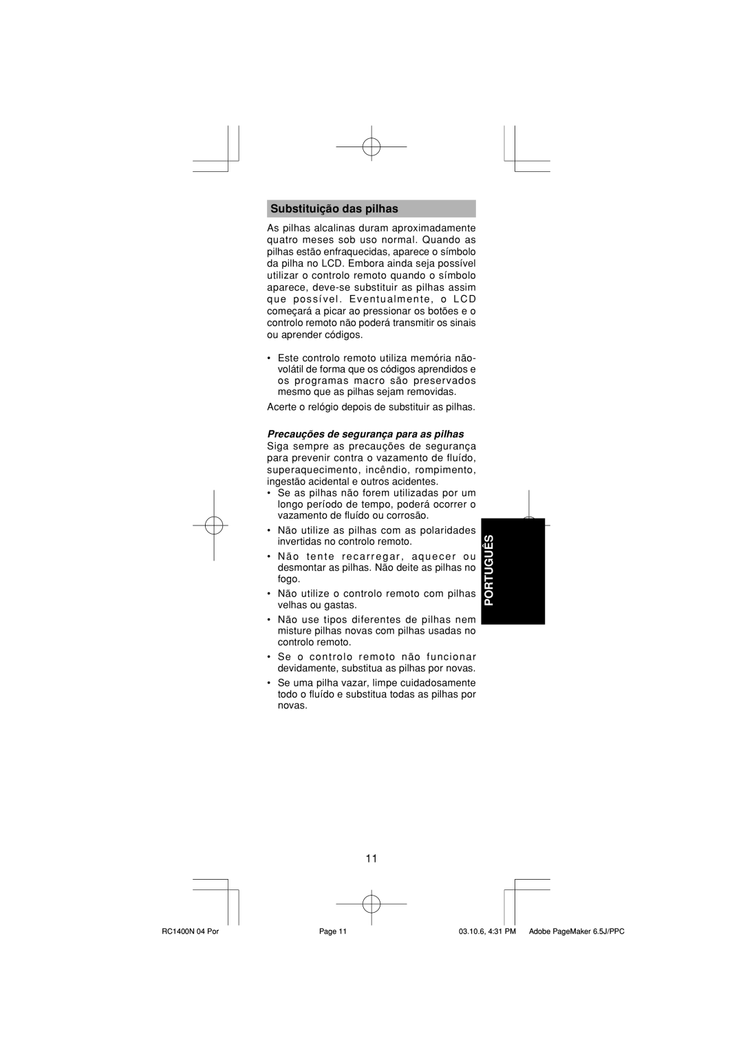 Marantz RC1400 manual Substituição das pilhas 