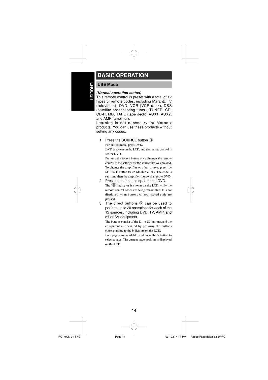 Marantz RC1400 manual Basic Operation, USE Mode, Normal operation status, Press the buttons to operate the DVD 