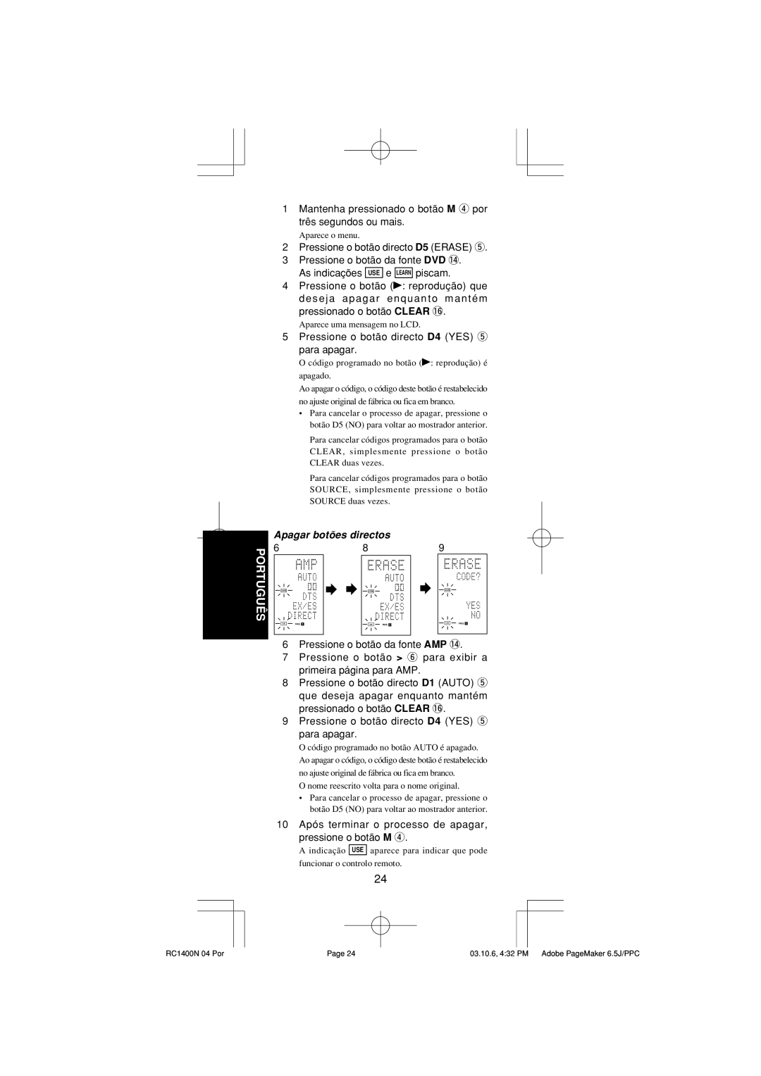 Marantz RC1400 manual Pressione o botão directo D4 YES t para apagar, Apagar botões directos 