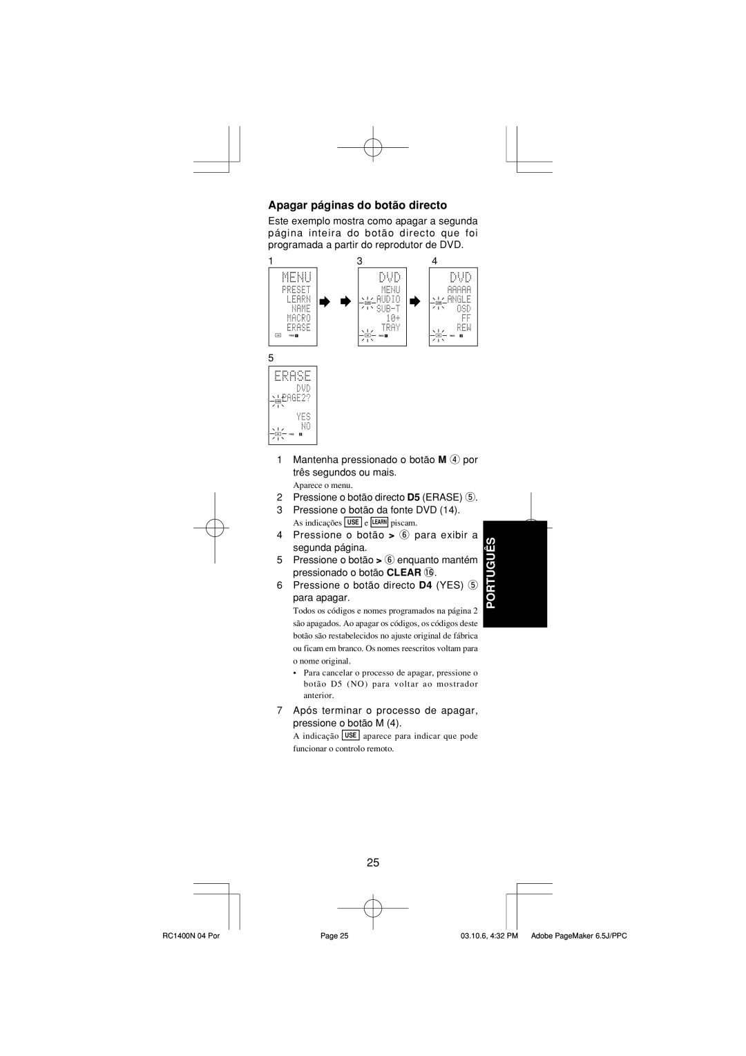 Marantz RC1400 manual Apagar páginas do botão directo, Após terminar o processo de apagar, pressione o botão M 