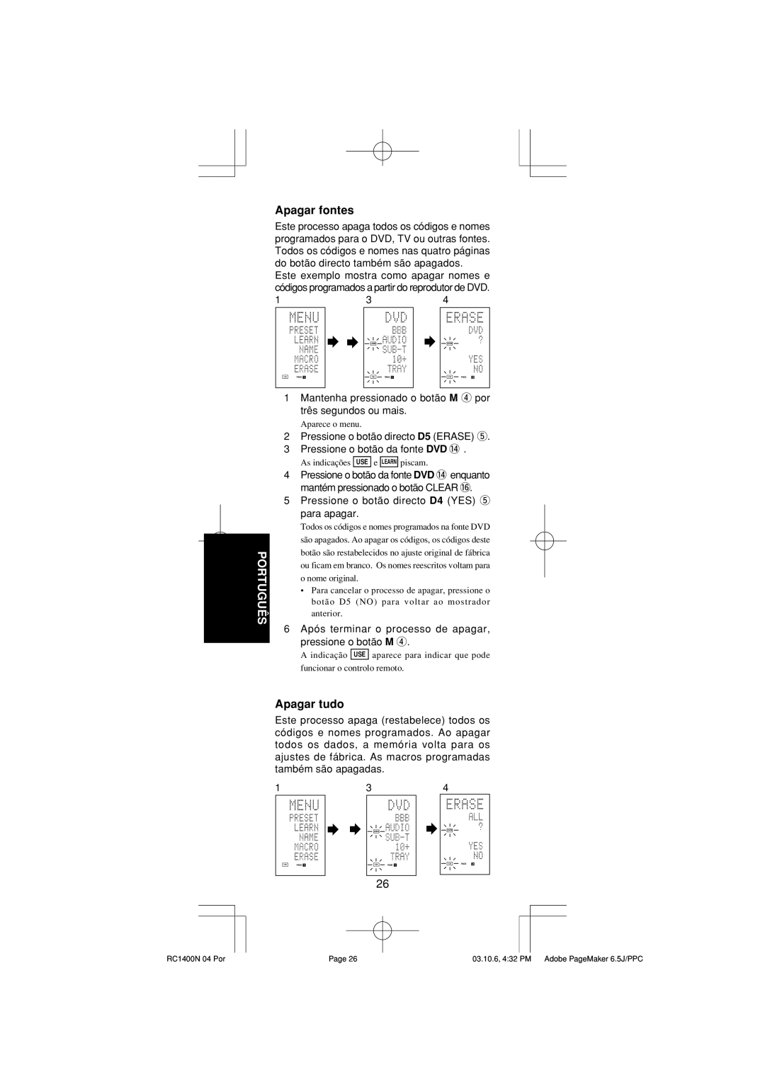 Marantz RC1400 manual Apagar fontes, Apagar tudo, Após terminar o processo de apagar, pressione o botão M r 