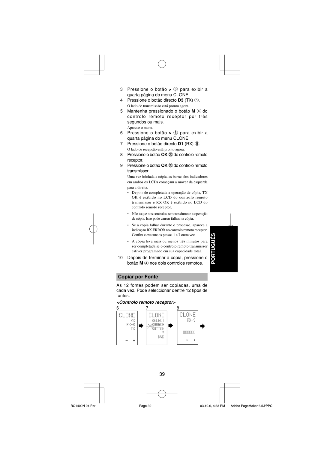 Marantz RC1400 manual Copiar por Fonte 