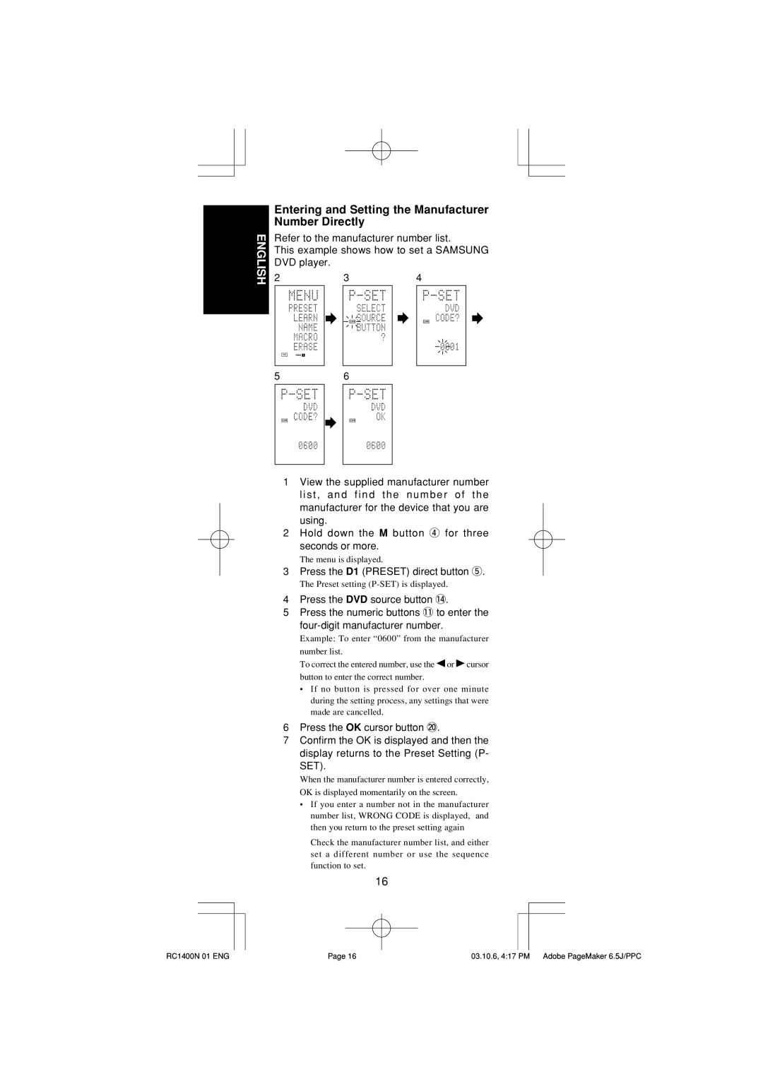 Marantz RC1400 manual Entering and Setting the Manufacturer Number Directly, Press the D1 Preset direct button t 