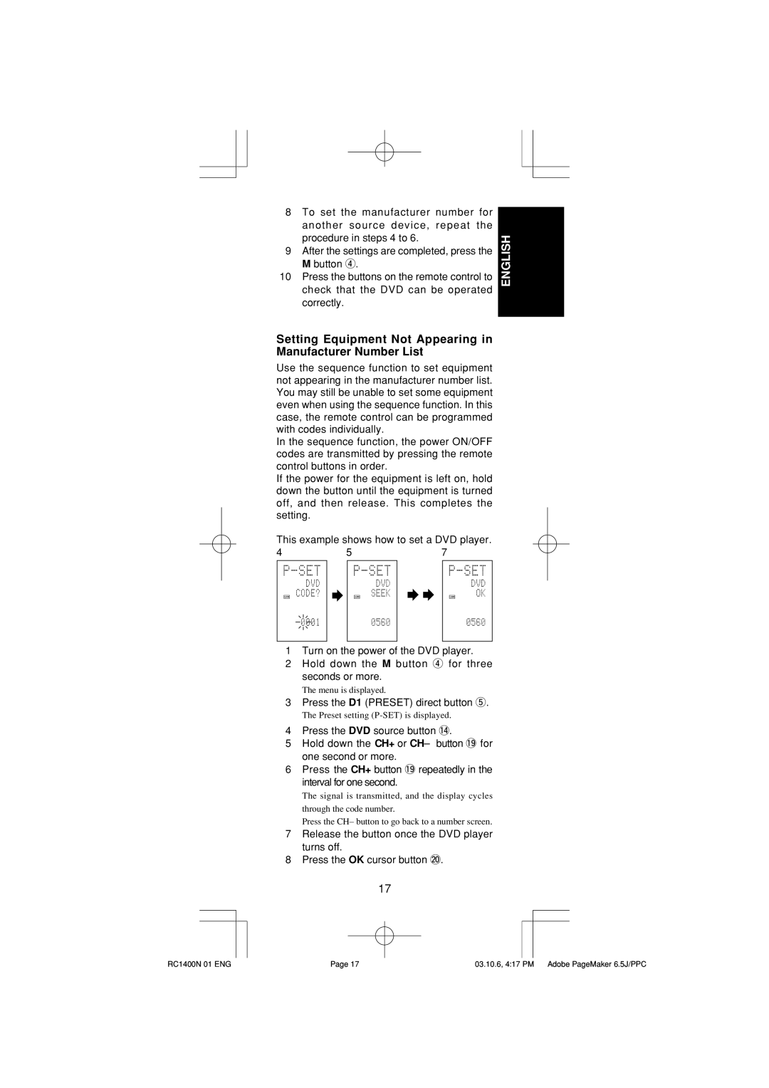 Marantz RC1400 manual Setting Equipment Not Appearing in Manufacturer Number List 