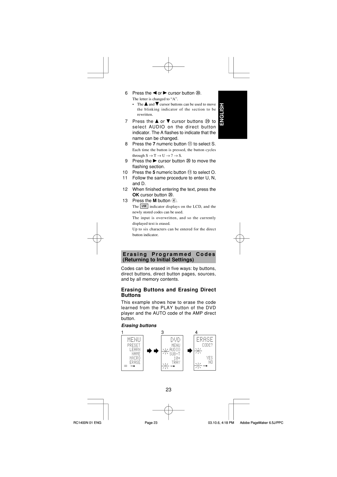 Marantz RC1400 manual Erasing Buttons and Erasing Direct Buttons, Press the or cursor button @0, Erasing buttons 