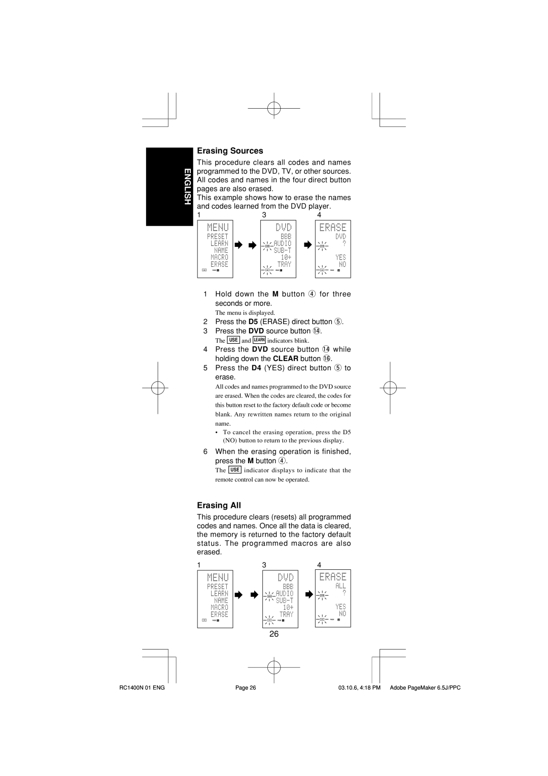 Marantz RC1400 manual Erasing Sources, Erasing All 