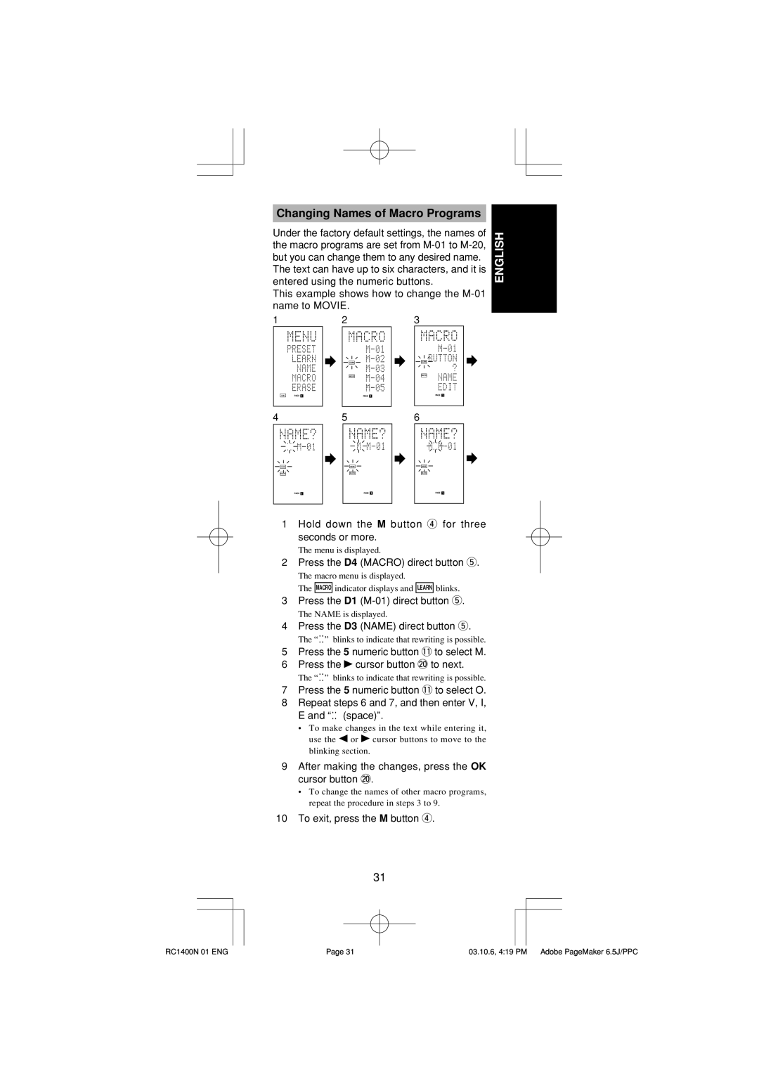 Marantz RC1400 manual Changing Names of Macro Programs, This example shows how to change the M-01 name to Movie 