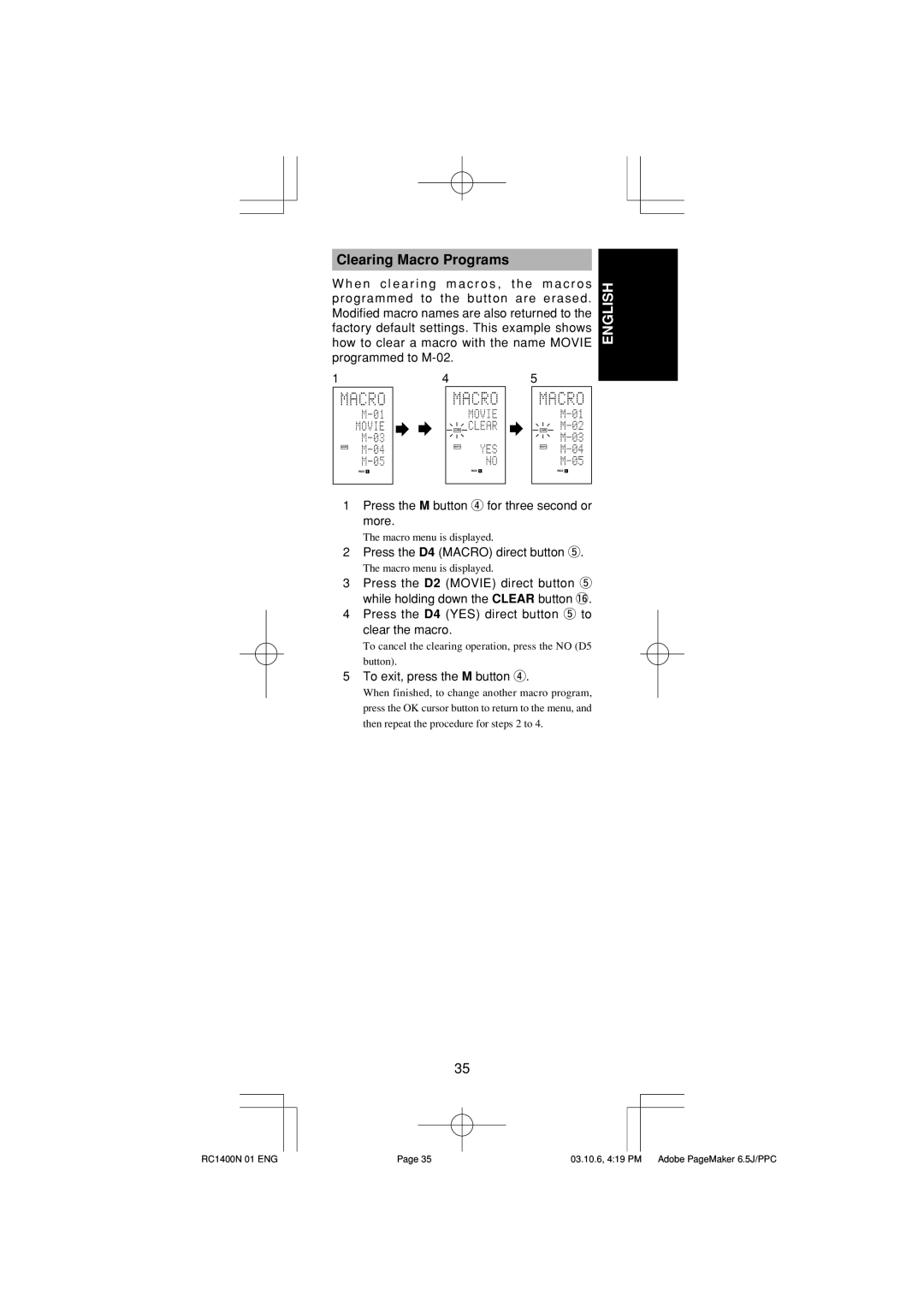 Marantz RC1400 manual Clearing Macro Programs, Press the M button r for three second or more 