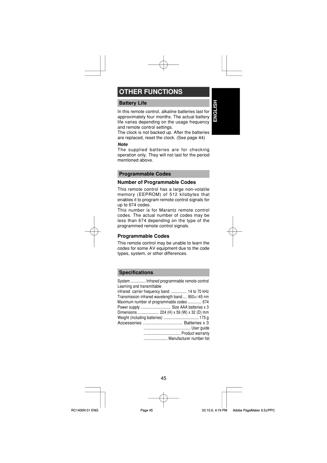 Marantz RC1400 manual Other Functions, Battery Life, Programmable Codes Number of Programmable Codes, Specifications 