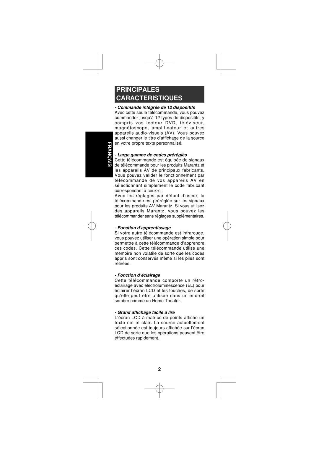 Marantz RC1400 Principales Caracteristiques, Fonction d’apprentissage, Fonction d’éclairage, Grand affichage facile à lire 