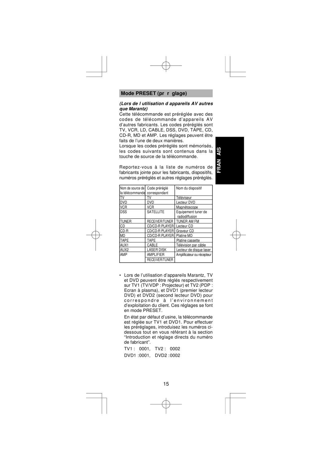 Marantz RC1400 manual Mode Preset préréglage, Lors de l’utilisation d’appareils AV autres que Marantz 