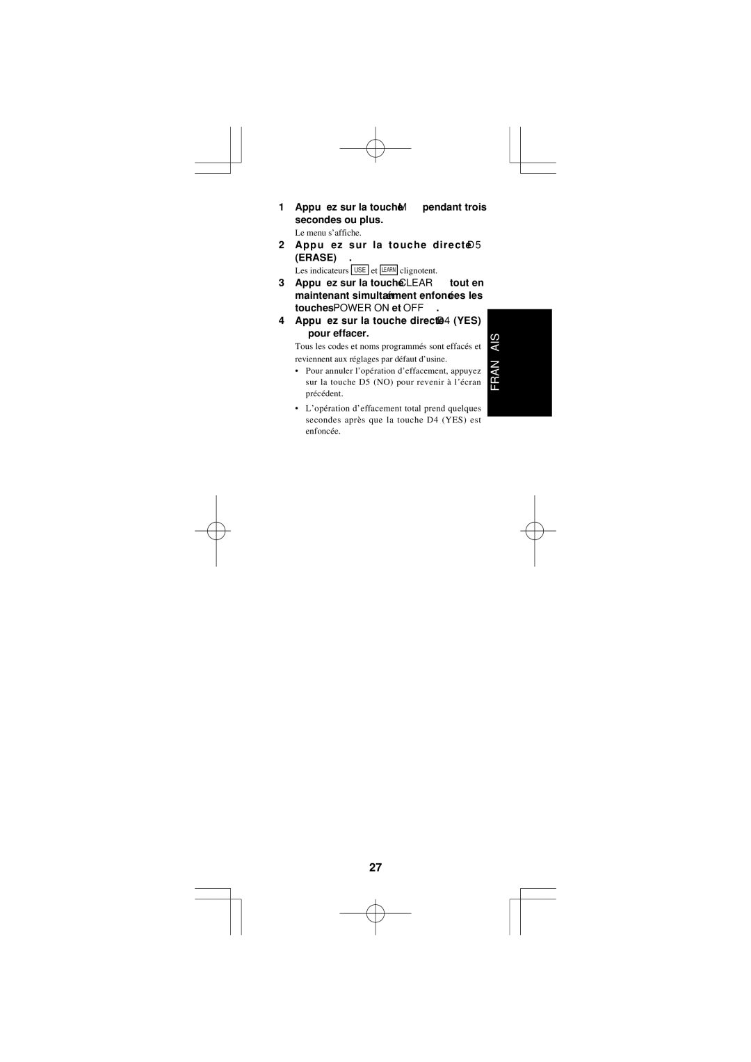 Marantz RC1400 manual Appuyez sur la touche directe D5 Erase t 