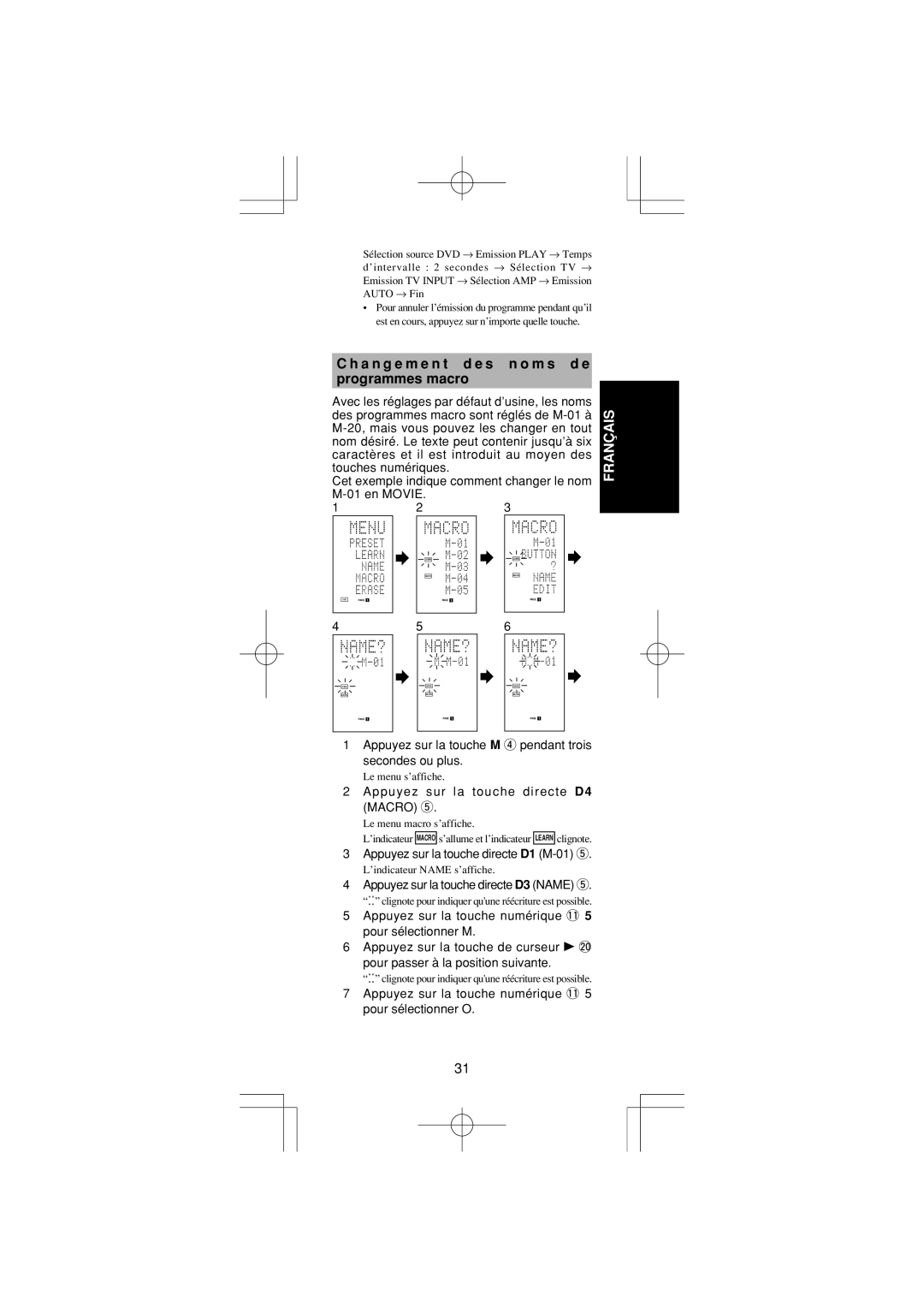 Marantz RC1400 manual A n g e m e n t d e s n o m s d e Programmes macro, Appuyez sur la touche directe D3 Name t 