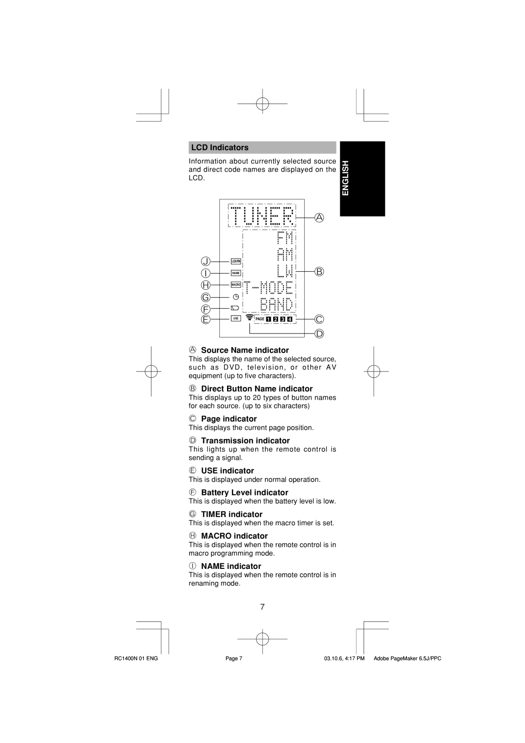 Marantz RC1400 LCD Indicators, Source Name indicator, Direct Button Name indicator, Transmission indicator, USE indicator 