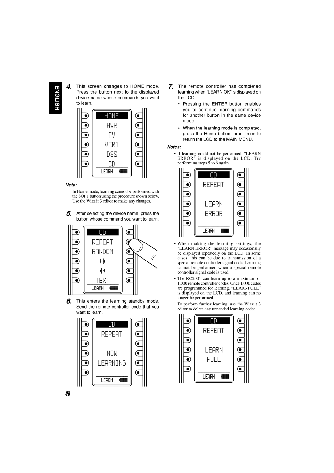 Marantz RC2001 manual This screen changes to Home mode, Press the button next to the displayed, To learn 