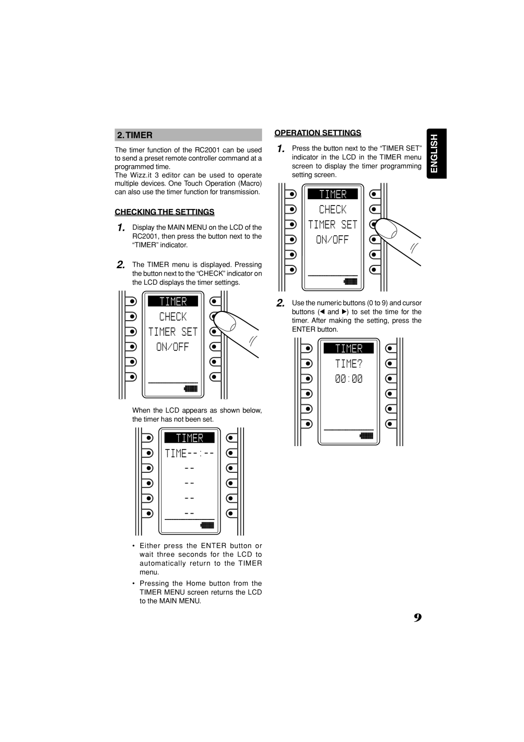 Marantz RC2001 manual Checking the Settings, Operation Settings, Press the button next to the Timer SET 