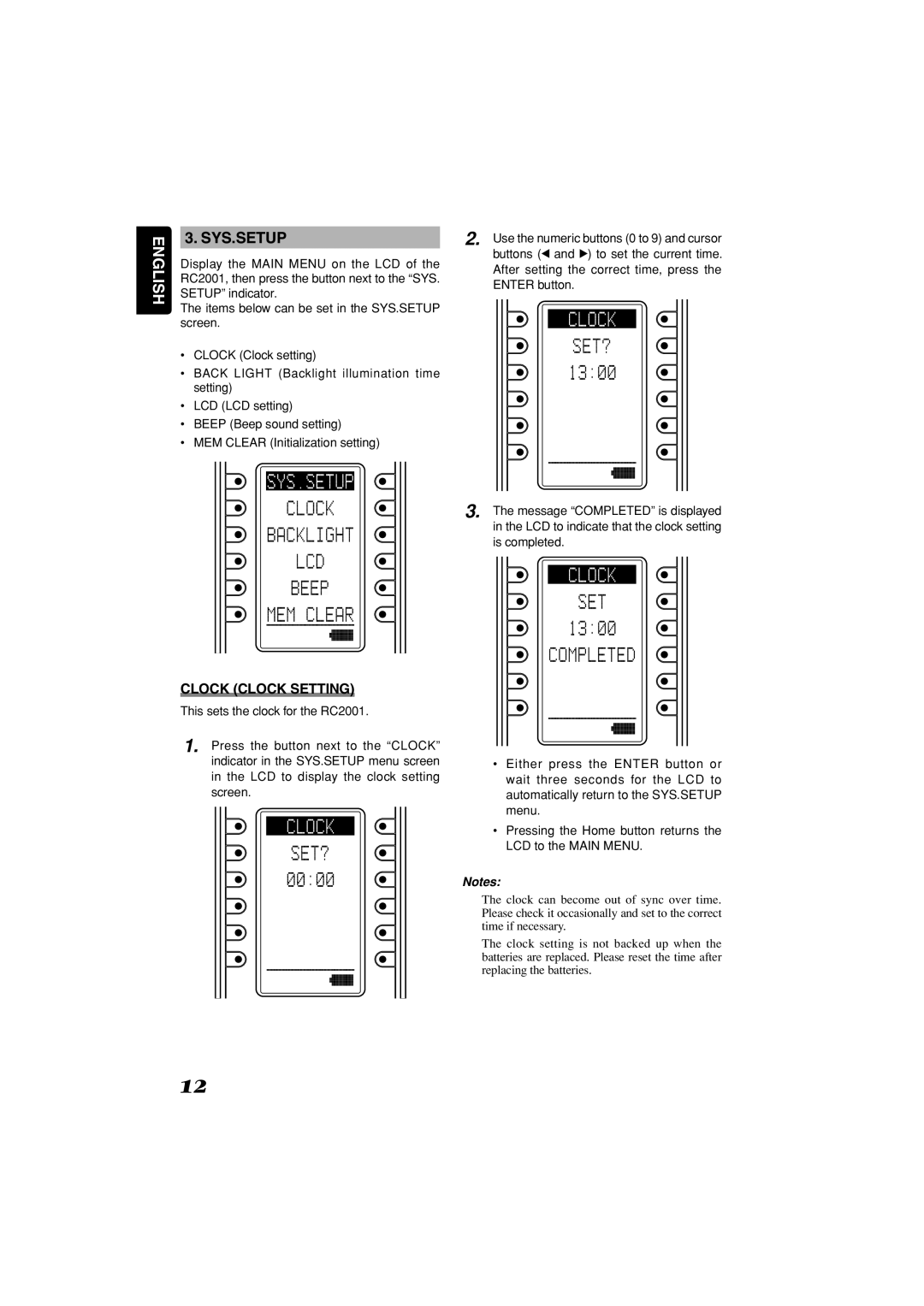 Marantz RC2001 manual Sys.Setup, Clock Clock Setting 