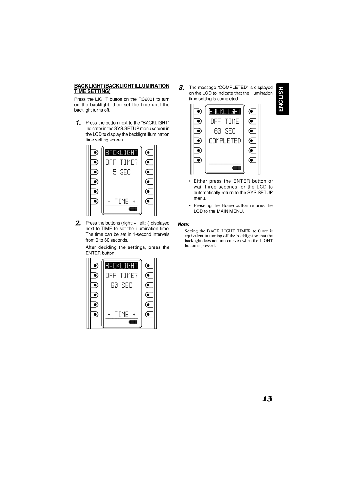 Marantz RC2001 manual Backlightbacklightillumination Time Setting 