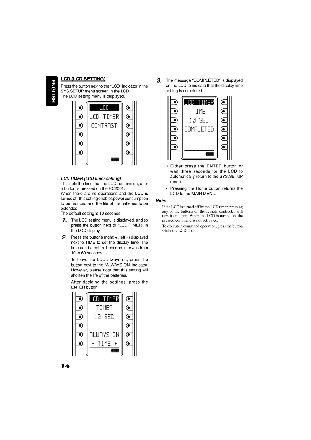 Marantz RC2001 manual LCD LCD Setting, Message Completed is displayed, LCD Timer LCD timer setting 