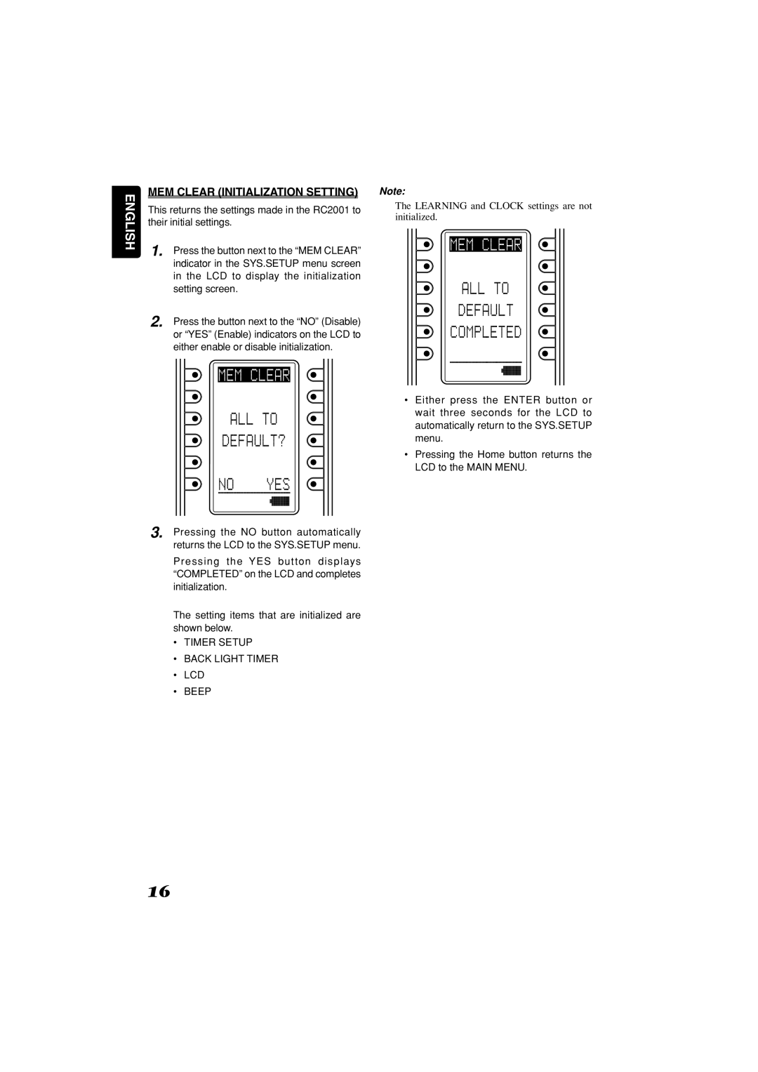 Marantz RC2001 manual MEM Clear Initialization Setting 