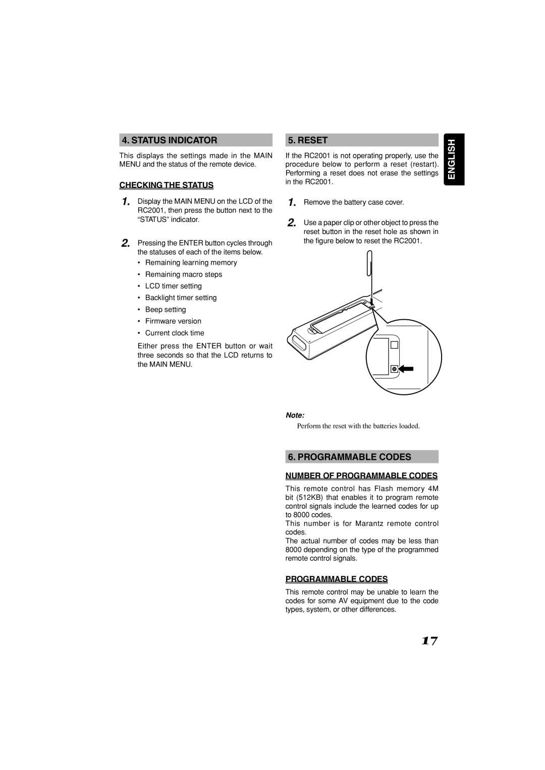 Marantz RC2001 manual Status Indicator, Reset, Programmable Codes 