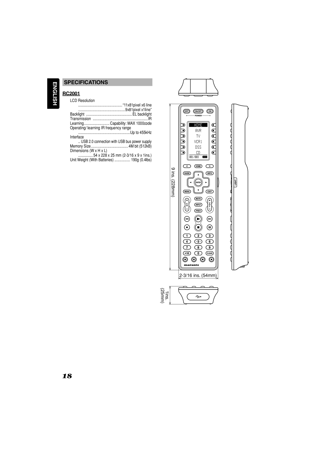 Marantz RC2001 manual Specifications 