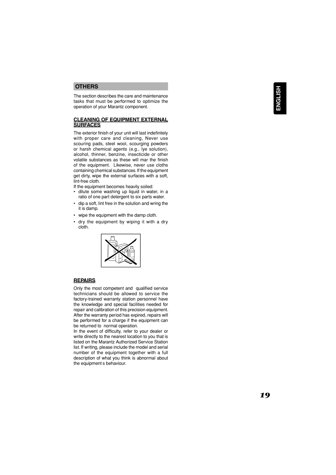 Marantz RC2001 manual Others, Cleaning of Equipment External Surfaces, Repairs, If the equipment becomes heavily soiled 