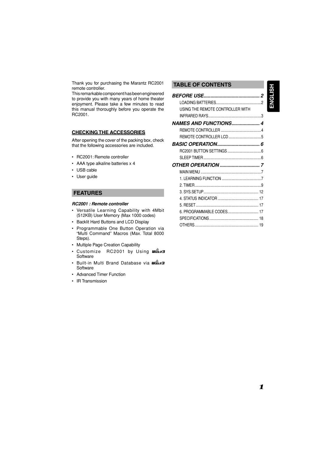 Marantz manual Table of Contents, Features, Checking the Accessories, RC2001 Remote controller 